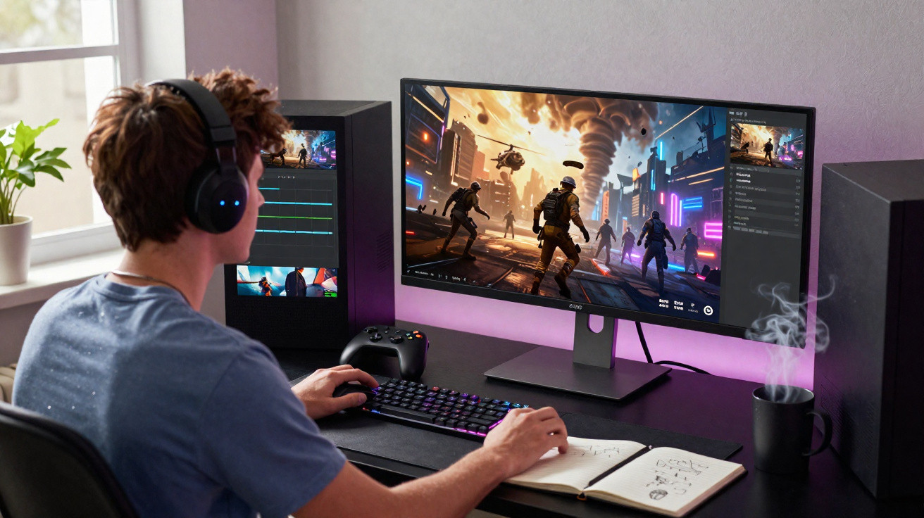 Pessoa jogando videogame em computador com tela ultrawide, headset e notebook aberto sobre mesa preta.
