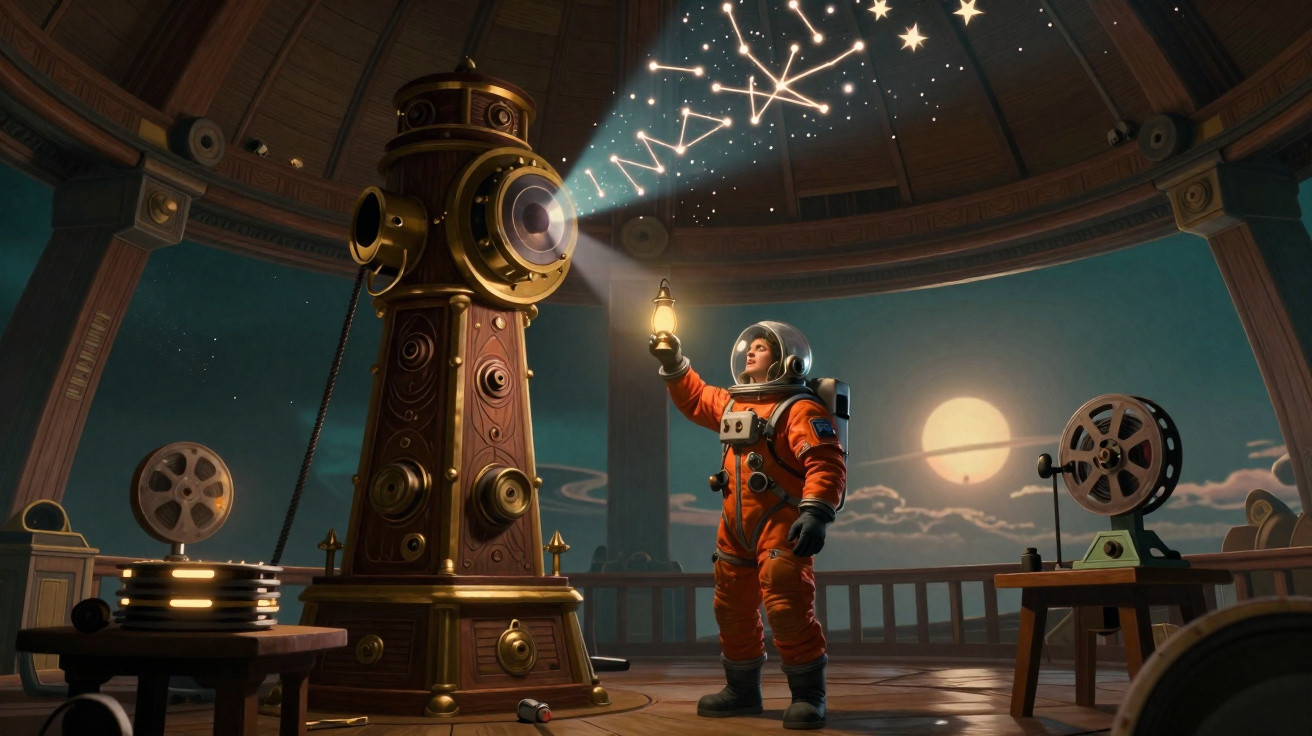 Astronauta com lanterna observa constelação projetada por telescópio antigo em sala com equipamentos clássicos.
