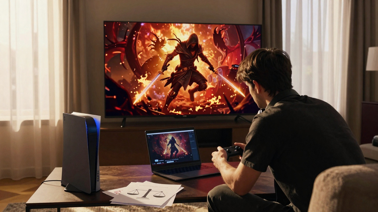 Homem sentado jogando videogame de aventura em TV grande com laptop em mesa na sala.