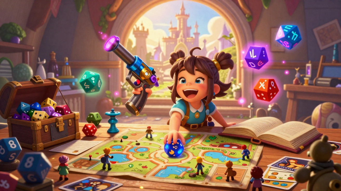 Criança animada jogando jogo de tabuleiro com dados coloridos e armas de brinquedo em sala iluminada.
