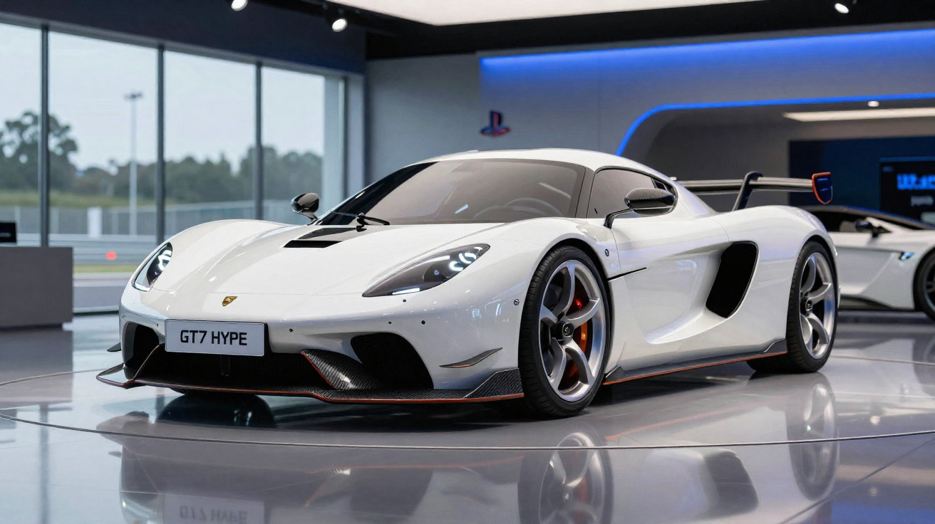 Carro esportivo branco GT7 HYPE em exposição em ambiente interno moderno e iluminado.