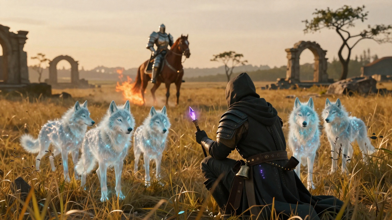 Figura sombria com cajado luminoso rodeada por lobos espirituais, cavaleiro armado a cavalo ao fundo em ruínas.