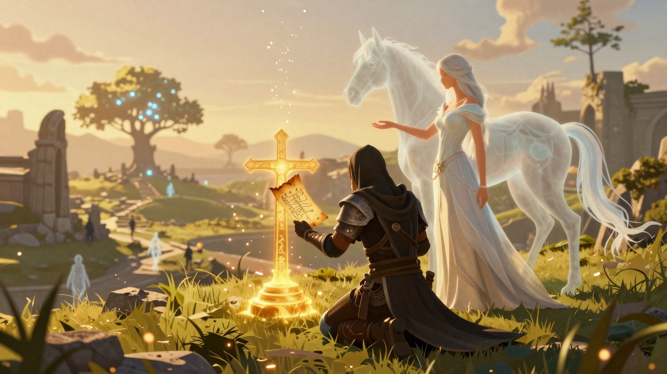 Cavaleiro ajoelhado lê pergaminho diante cruz dourada, mulher vestida de branco e cavalo translúcido ao pôr do sol.