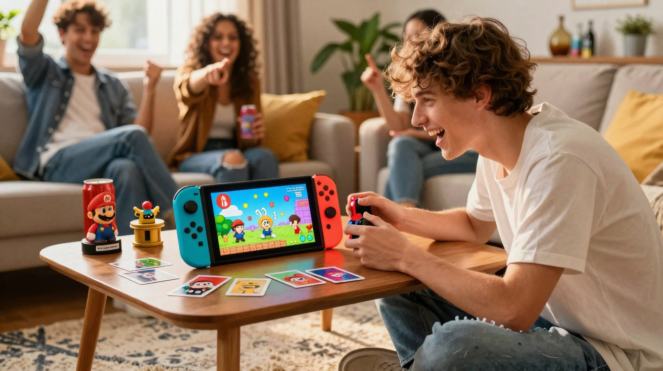 Adolescente jogando videogame Nintendo Switch com amigos animados assistindo no sofá.