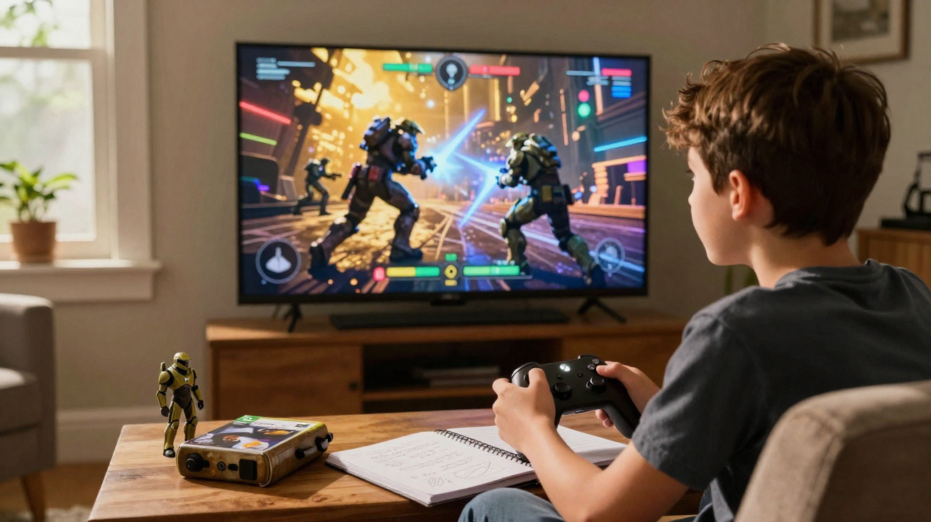 Menino jogando videogame de luta futurista na sala, segurando controle com ação na TV à frente.