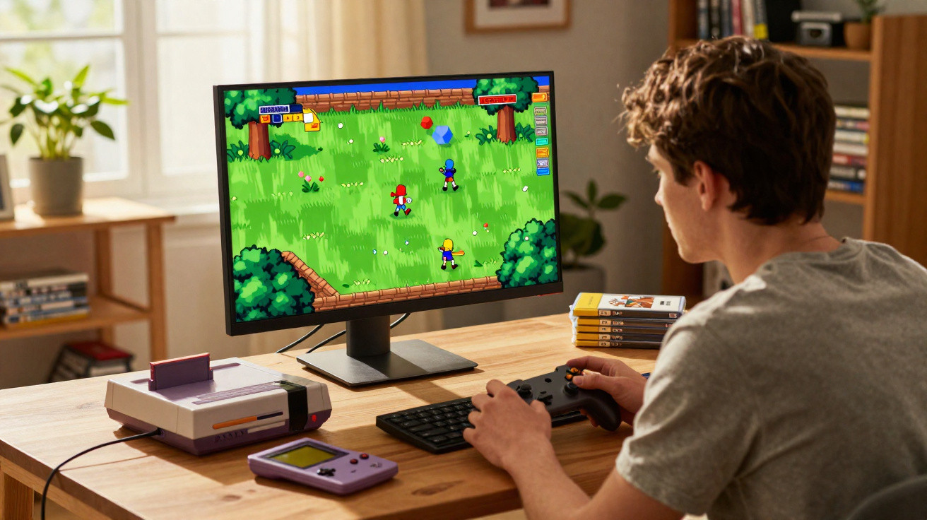 Jovem jogando videogame retrô em monitor com controle, ao lado de console clássico e portátil em mesa.